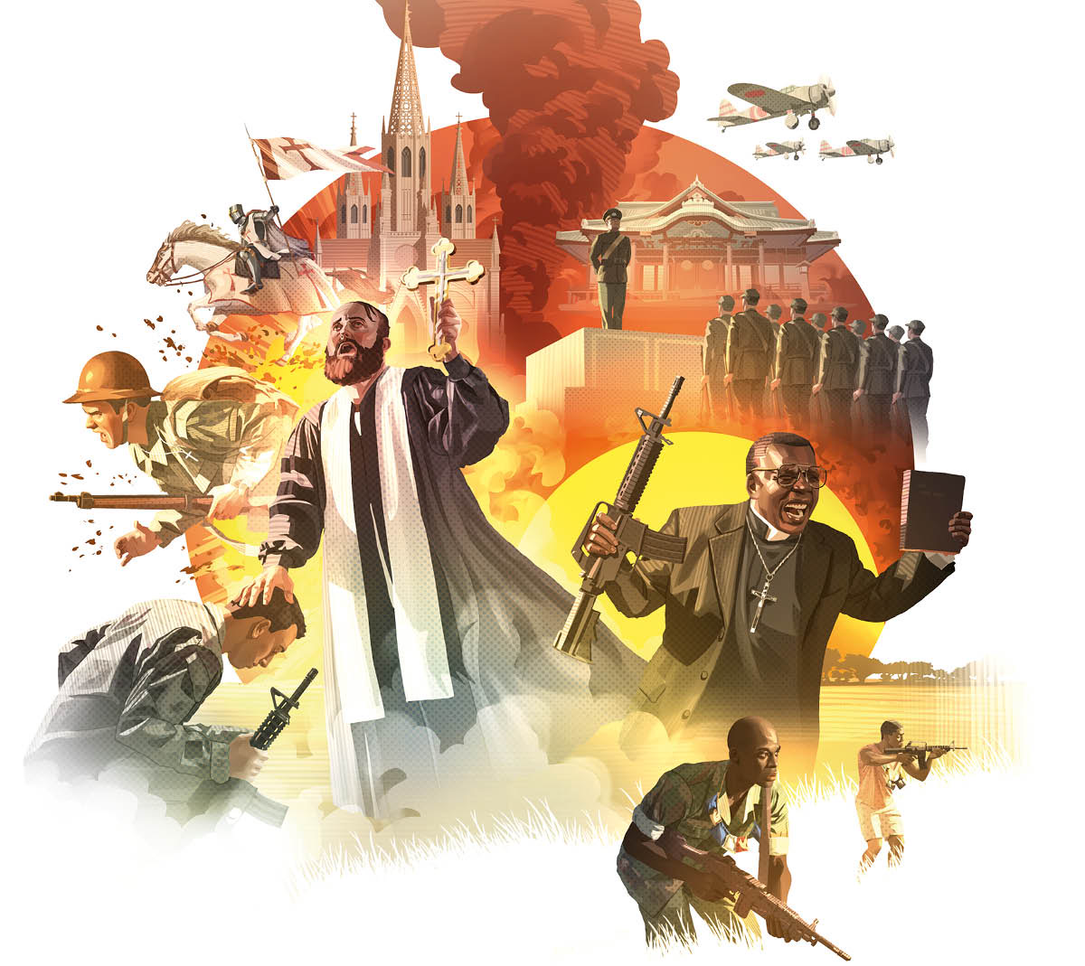 Montage : Une cathédrale et une pagode entourées de scènes décrivant comment les fausses religions ont encouragé la guerre tout au long de l’Histoire. 1. Les Croisades. 2. La Première Guerre mondiale. 3. Un prêtre orthodoxe bénit un soldat. 4. Un pasteur africain incite ses fidèles à prendre part à un conflit tribal. 5. Des soldats japonais rendent un culte à l’empereur.