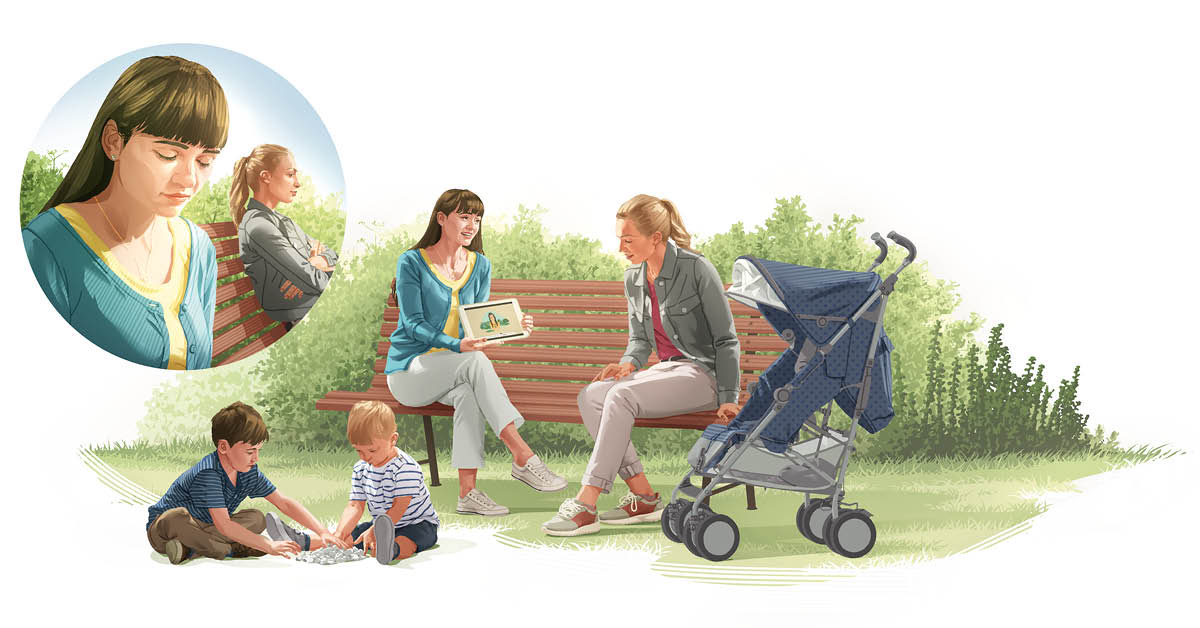 Montage : Dans un parc, une étudiante de la Bible prêche à une femme assise sur un banc. 1. L’étudiante de la Bible prie. 2. Elle parle d’une idée contenue dans la Bible avec la femme.