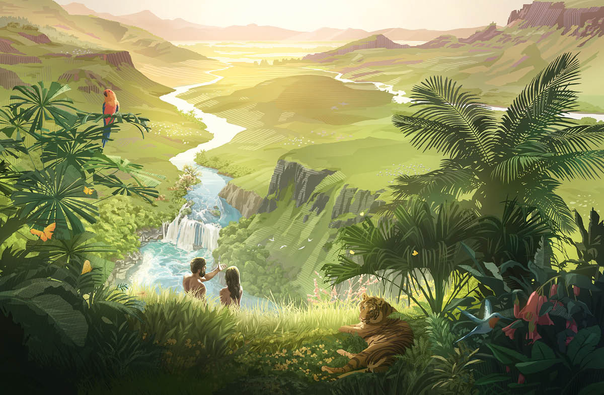 Adam et Ève regardent le magnifique paradis dans lequel ils vivent. C’est un endroit avec beaucoup de végétation et des animaux.