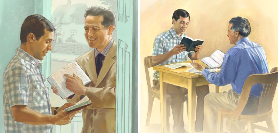 Un Témoin de Jéhovah lit un verset à un homme, puis il étudie la Bible avec lui