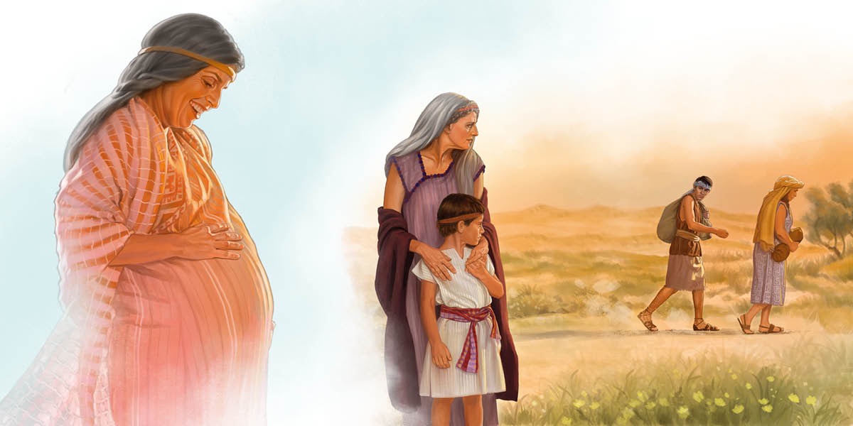 Sara est enceinte d’Isaac ; Sara tient contre elle Isaac tout en regardant Agar et Ismaël partir à pied dans le désert.