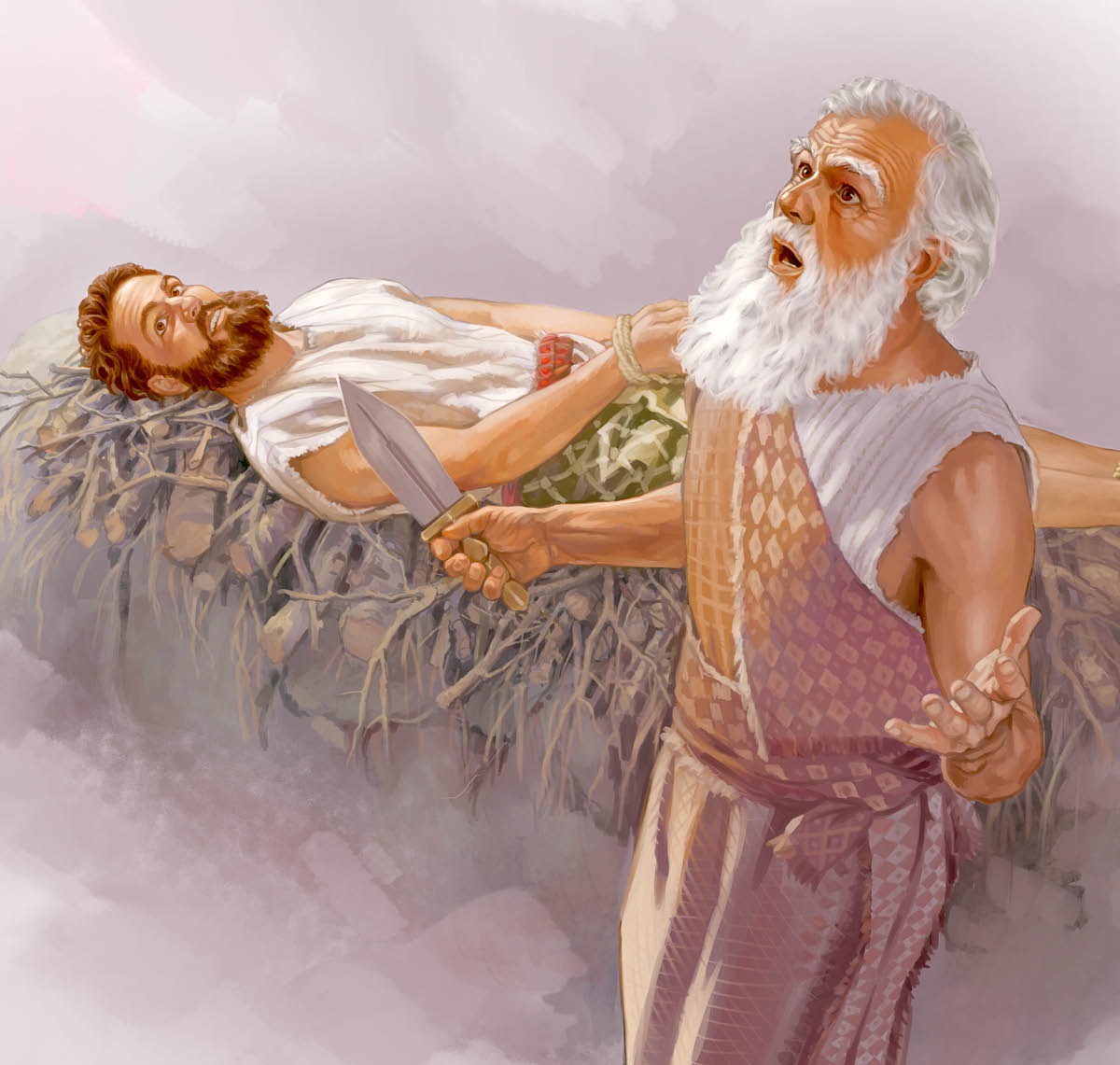 Série d’images : 1) Abraham, un couteau à la main, regarde vers le ciel, tandis qu’Isaac est étendu sur l’autel du sacrifice. 2) Jésus attaché au poteau de supplice.