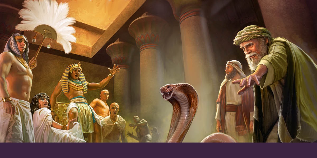 Moïse et Aaron font un miracle devant Pharaon et sa cour. Le bâton d’Aaron se transforme en serpent.