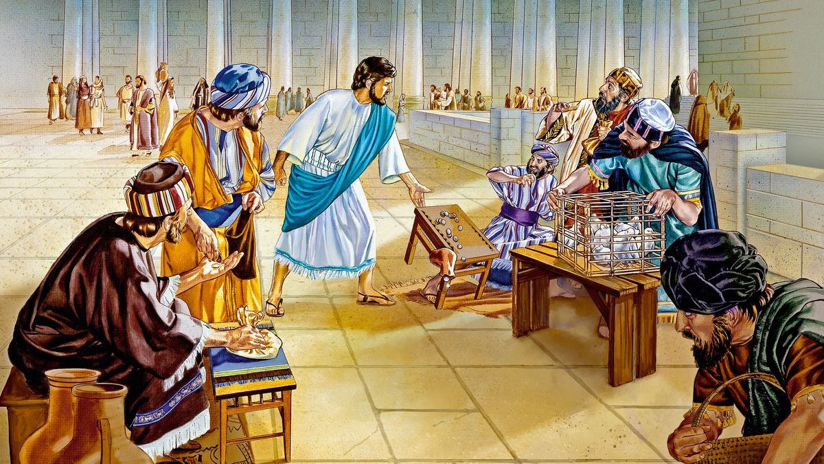 Jésus renverse les tables de changeurs d’argent installés dans le Temple.