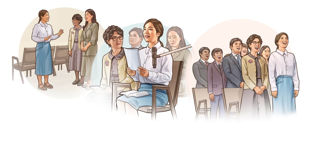 Ensemble d’illustrations : À une réunion, une sœur loue Jéhovah. 1. Elle discute avec deux autres sœurs avant la réunion. 2. Elle donne un commentaire. 3. Elle chante de manière enthousiaste avec l’assemblée.