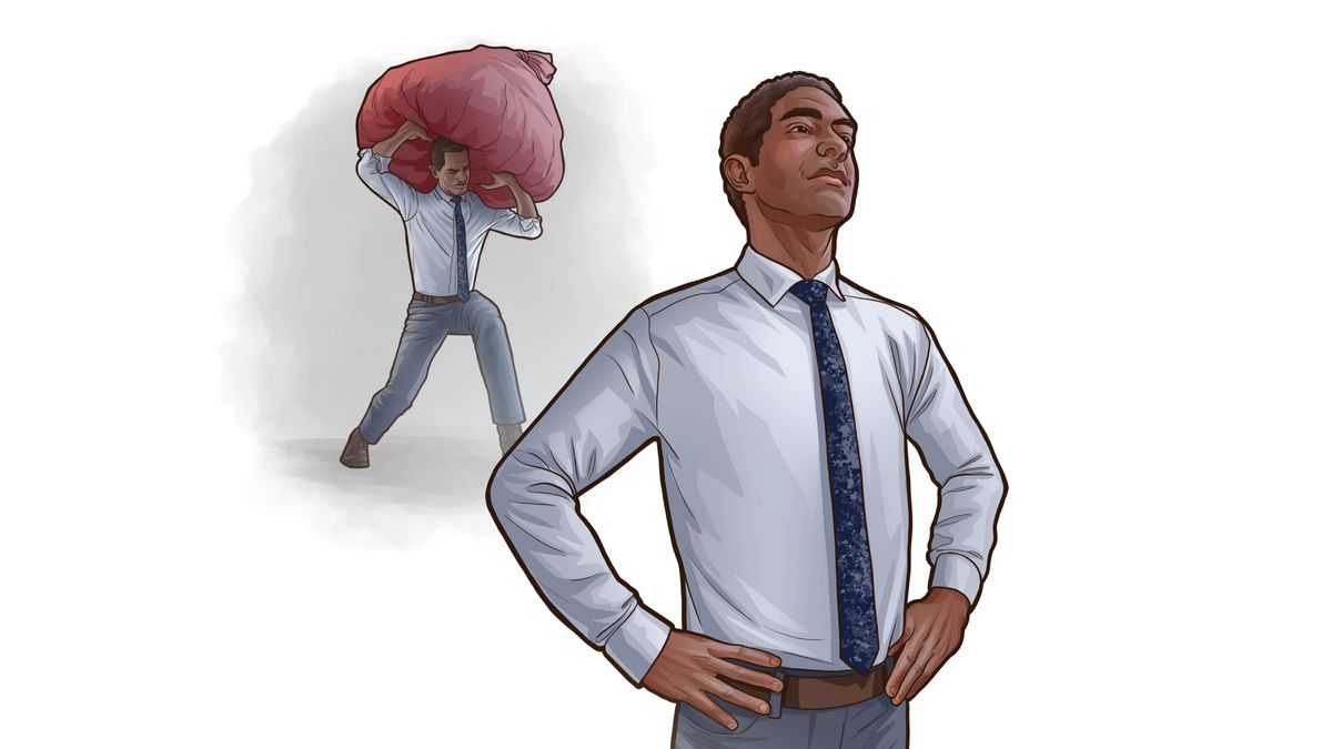 Ensemble d’illustrations : 1. Un frère porte péniblement un lourd fardeau. 2. À présent libéré de ce fardeau, le même frère regarde l’avenir avec confiance.