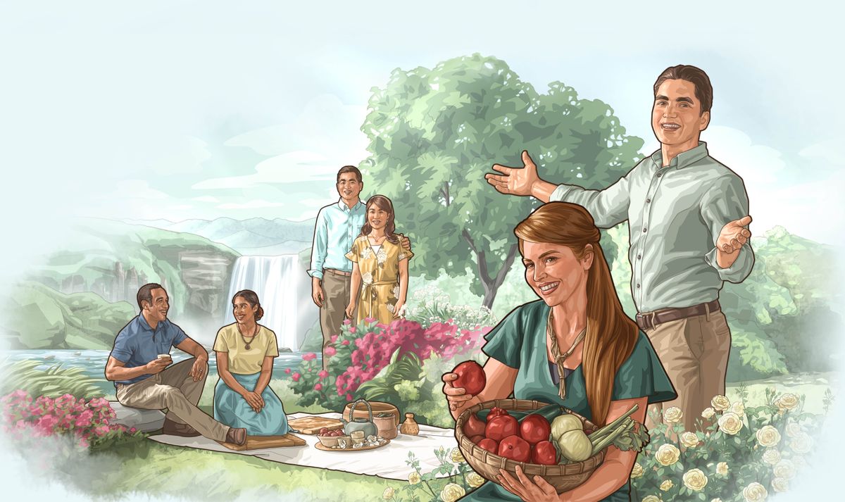 Des hommes et des femmes savourent la vie dans le paradis.