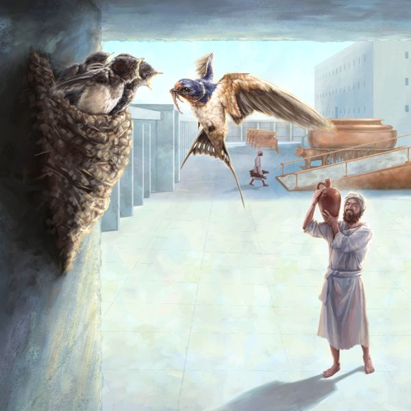 Un des fils de Coré regarde avec envie une hirondelle qui a fait son nid dans la cour du Temple.