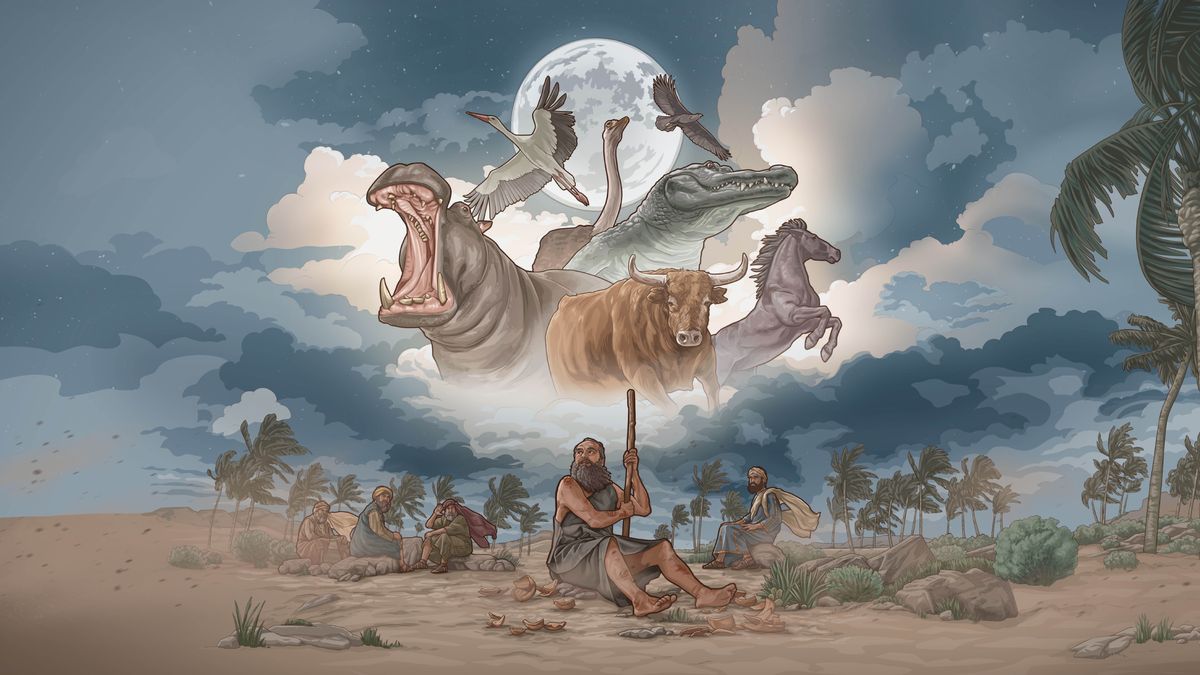 Alors qu’une tempête se déchaîne, Job réfléchit à quelques-uns des animaux impressionnants créés par Jéhovah, dont l’hippopotame, la cigogne, l’autruche, le crocodile, l’aigle, le cheval et le taureau sauvage. Non loin de Job sont assis Élihou et les trois faux consolateurs.