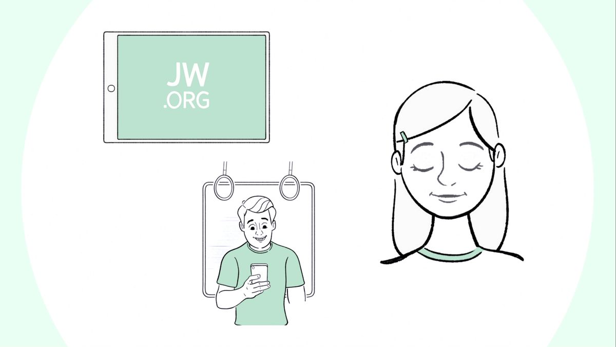 Ensemble d’illustrations : Dessins extraits de la vidéo « Fiers d’être Témoins : Les principes bibliques, une protection ». 1. Une tablette affiche le logo jw.org. 2. Hugo lit la Bible sur son smartphone dans le métro. 3. Clara prie.