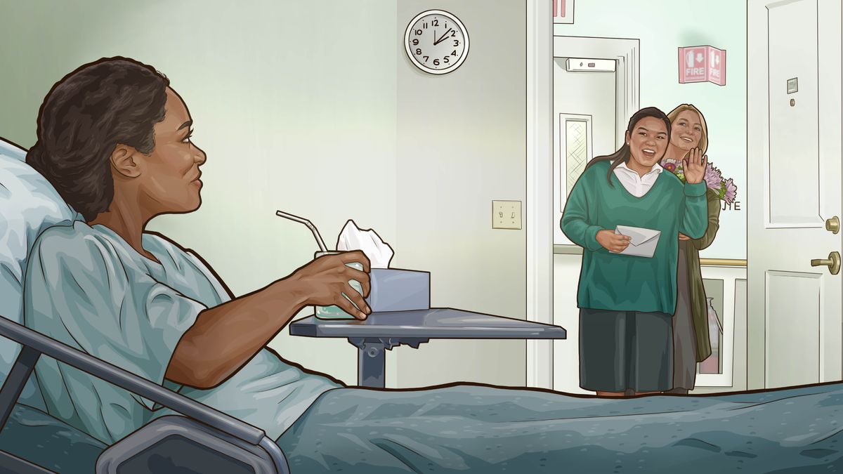 Illustration inspirée de la vidéo « Nous avons découvert l’amour dans la famille de Jéhovah ». Mimi et sa mère rendent visite à une sœur hospitalisée. Elles lui apportent des fleurs et une carte.
