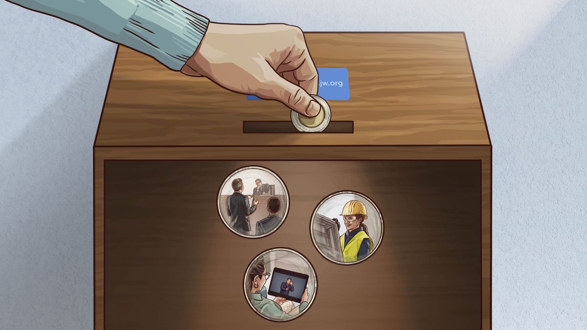 Une main dépose une offrande dans une boîte à offrandes. Ensemble d’illustrations : 1. Un frère comparaît devant un juge. 2. Une sœur travaille sur un chantier de construction théocratique. 3. Une sœur regarde une vidéo en langue des signes.