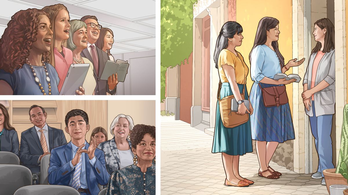 Ensemble d’illustrations : Différentes manières dont nous pouvons louer Jéhovah. 1. Des frères et sœurs chantent lors d’une réunion de l’assemblée. 2. Un frère donne un commentaire lors d’une réunion. 3. Deux sœurs prêchent de maison en maison.
