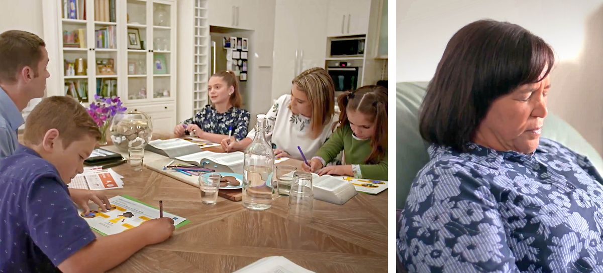 Images extraites de la vidéo « Prions intensément pour ceux qui endurent des épreuves ». 1. La famille Wilson fait l’activité « Deviens l’ami de Jéhovah : Prie pour les autres ». 2. Glynis prie.