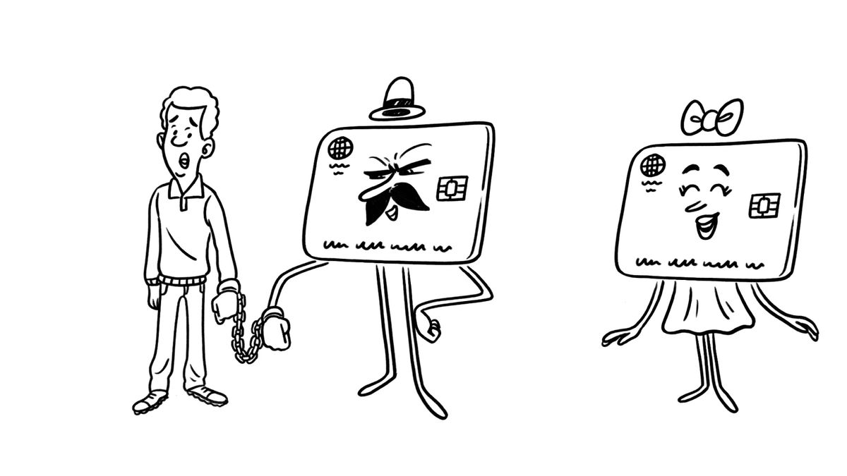 Illustration extraite de la vidéo « Comment bien gérer ton argent ? ». L’adolescent est menotté à une énorme carte de crédit humanisée ; une autre carte de crédit humanisée lui sourit.
