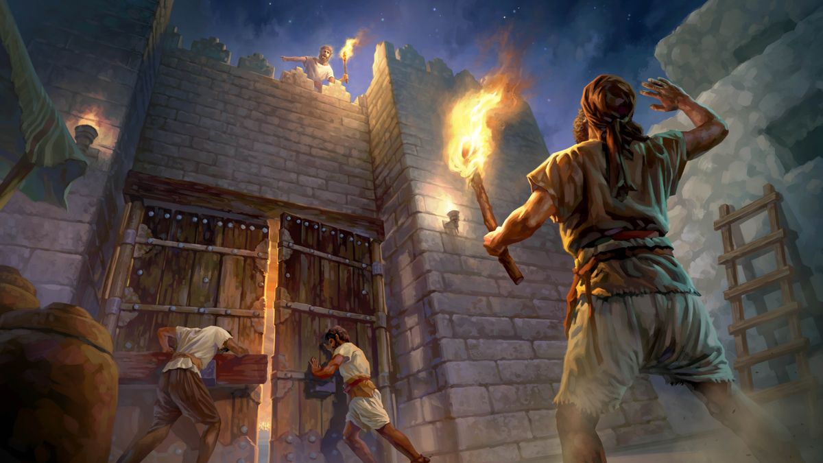 Depuis une tour de guet, un guetteur presse les portiers, qui se trouvent au pied de la muraille, de fermer les portes de la ville.