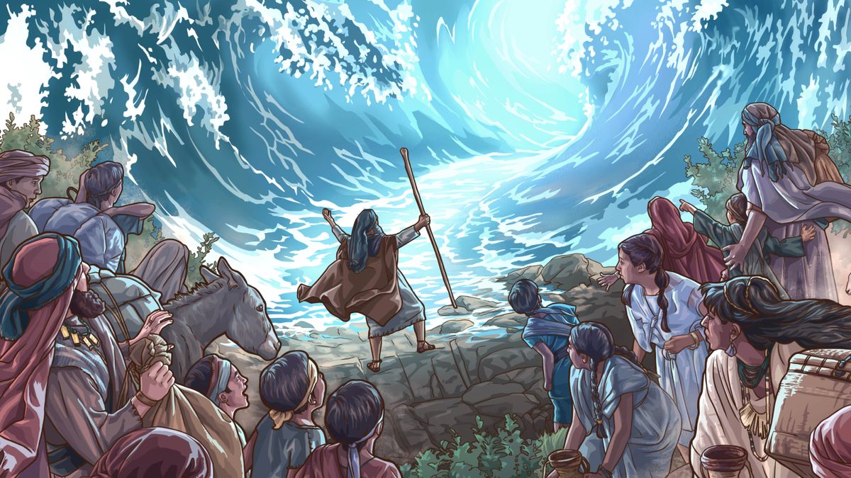 Les bras tendus vers le ciel, Moïse sépare en deux les eaux de la mer Rouge. Les Israélites et une grande foule mêlée de non-Israélites observent la scène avec stupéfaction.
