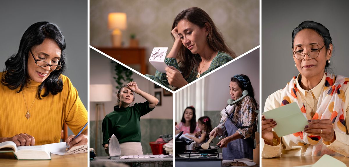 Ensemble d’illustrations : 1) La femme d’un responsable de circonscription écrit une carte. 2) Plus tard, une sœur lit la carte et est touchée. 3) La sœur s’acquitte avec peine de différentes tâches ménagères. 4) La sœur prépare un repas tout en étant au téléphone. Ses deux petites filles sont assises à la table de la cuisine. 5) Des années plus tard, la femme du responsable de circonscription qui a écrit la carte est heureuse de lire une lettre de remerciements qu’elle a reçue de la sœur.