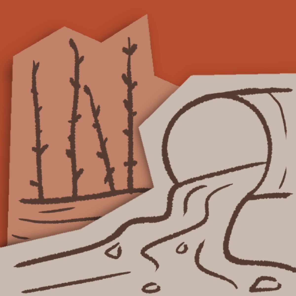 Pictogramme représentant un tuyau endommagé qui laisse du fioul se répandre dans la nature.