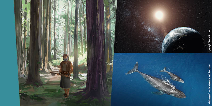 Kuvat: 1. Nooalla on kädessään kirves, ja hän katsoo metsän korkeita puita. 2. Maapallo, tähdet ja aurinko avaruudesta kuvattuna. 3. Ilmakuva valaasta ja sen poikasesta.