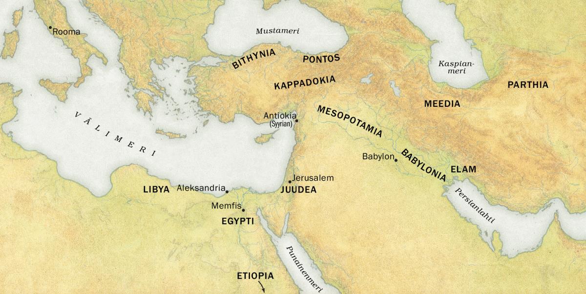 Kartta, jossa näkyy, mistä kaikkialta ihmisiä oli tullut vuoden 33 helluntaijuhlaan. 1. Alueet: Libya, Egypti, Etiopia, Bithynia, Pontos, Kappadokia, Juudea, Mesopotamia, Babylonia, Elam, Meedia ja Parthia. 2. Kaupungit: Rooma, Aleksandria, Memfis, Antiokia (Syyrian), Jerusalem ja Babylon. 3. Vesialueet: Välimeri, Mustameri, Punainenmeri, Kaspianmeri ja Persianlahti.