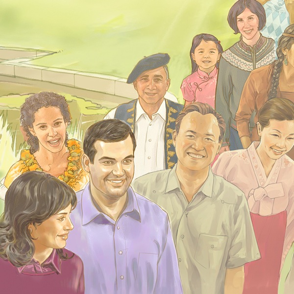 Eri etnisiin ryhmiin ja rotuihin kuuluvia onnellisia ihmisiä