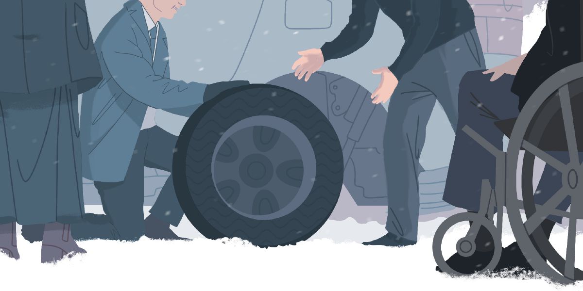 Bob istuu tien vieressä pyörätuolissa, kun nuoret todistajat vaihtavat autonrengasta