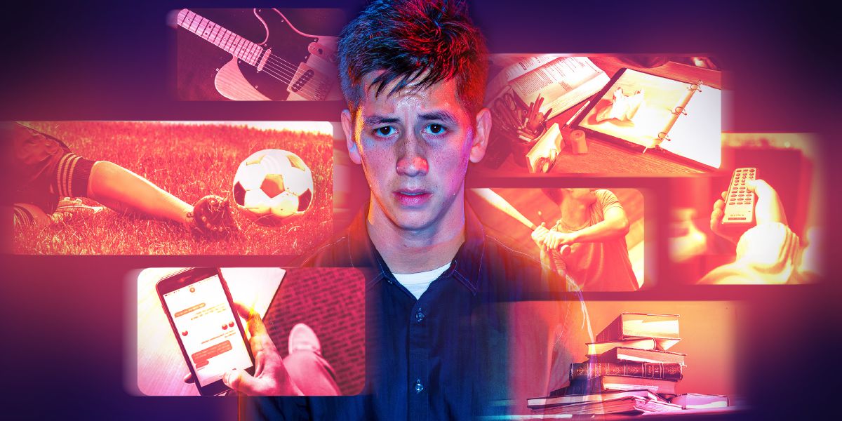 Nuori mies on urheilun, harrastusten, teknisten laitteiden ja koulutehtävien puristuksessa