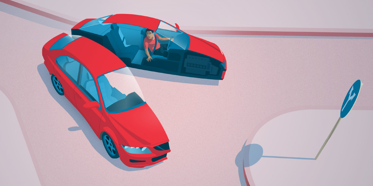 Mies on tienristeyksessä autonsa kanssa. Auto jakautuu kahtia, ja puoliskot jatkavat matkaa eri teille.