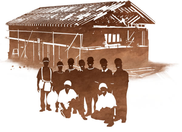 Vapaaehtoisia työntekijöitä rakenteilla olevan valtakunnansalin edessä