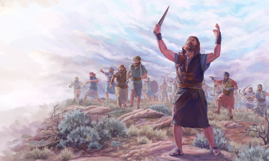 Joosua katsoo taivaalle ja pyytää Jehovalta, että aurinko pysyisi paikallaan