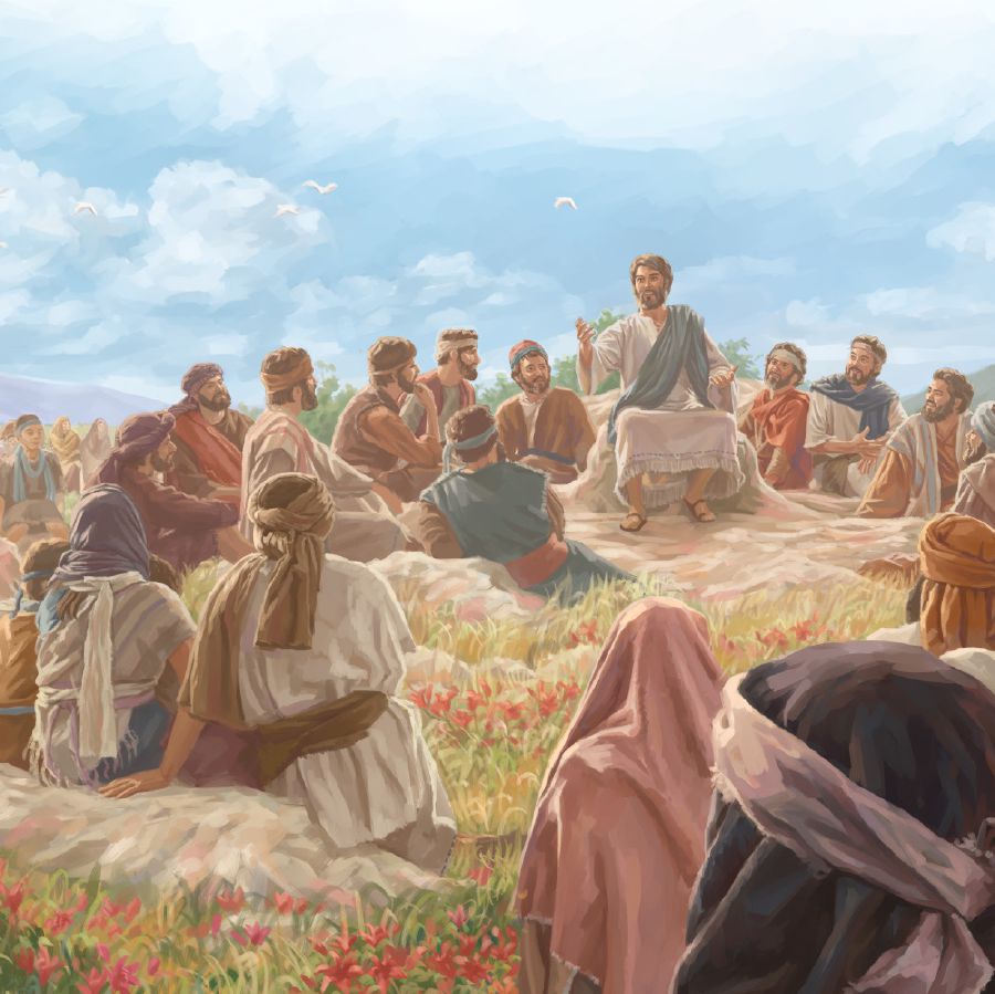 Jeesus pitää vuorisaarnaa suurelle ihmisjoukolle