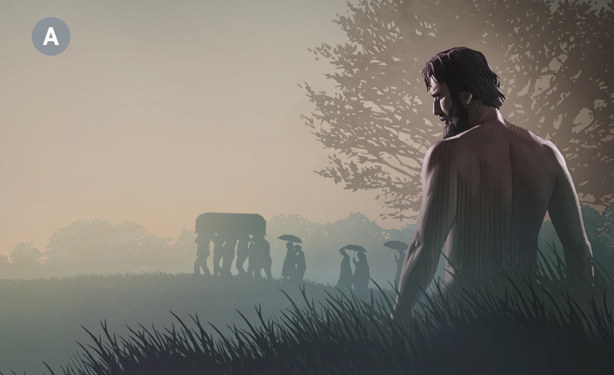 A. Kuvakollaasi: 1. Aadam sen jälkeen kun hän oli kapinoinut Jumalaa vastaan. 2. Arkkua kannetaan hautajaissaattueessa.