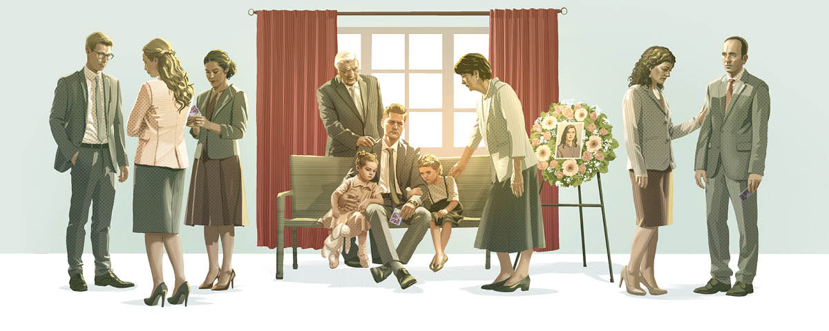 Mies ja hänen kaksi pientä lastaan istuvat penkillä miehen vaimon hautajaisissa. Ystävät ja lähiomaiset ovat tulleet lohduttamaan heitä.