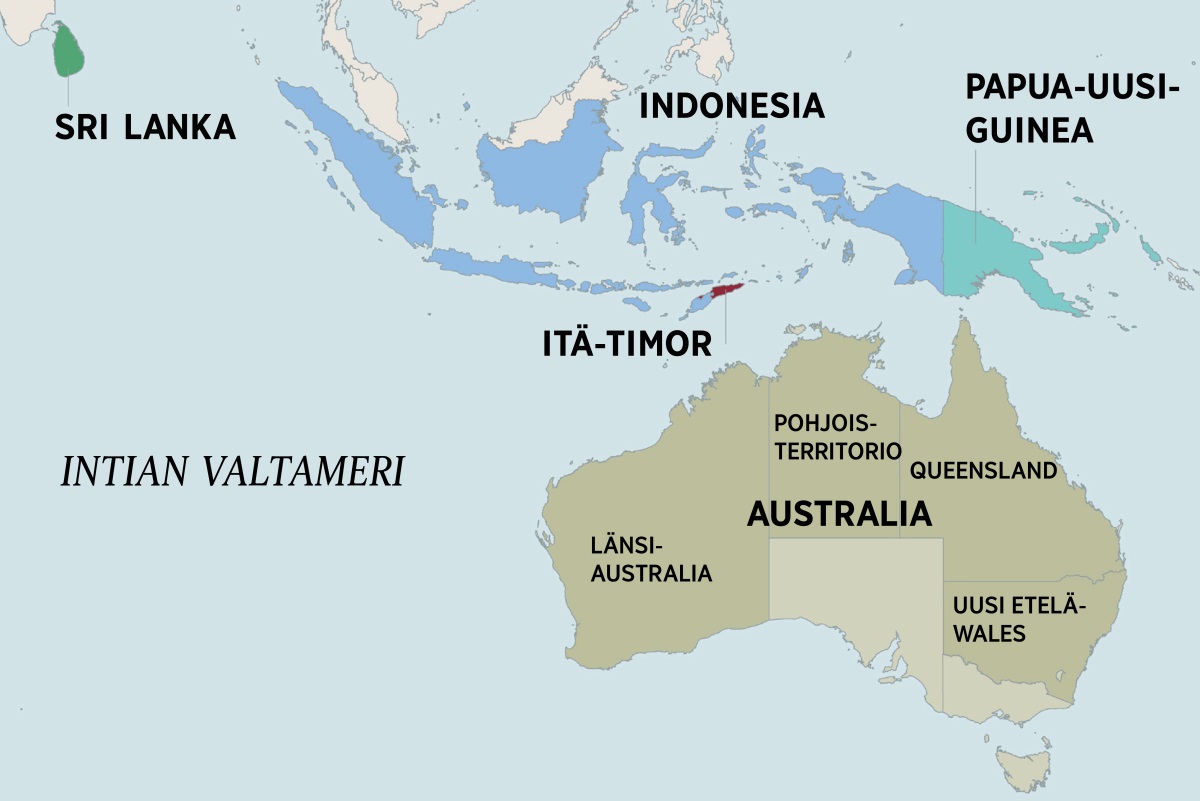 Kartta, jossa näkyy Australia ja lähellä sijaitsevat maat, kuten Sri Lanka, Indonesia, Papua-Uusi-Guinea ja Itä-Timor. Australian kartassa näkyvät Pohjoisterritorio sekä Länsi-Australian, Queenslandin ja Uuden Etelä-Walesin osavaltiot.