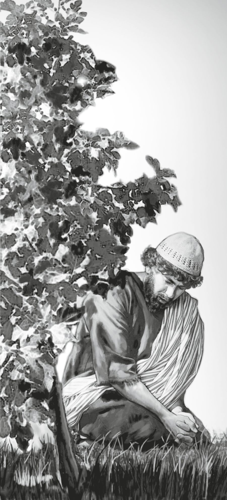 Natanael (tunnetaan myös nimellä Bartolomeus) istuu puun alla