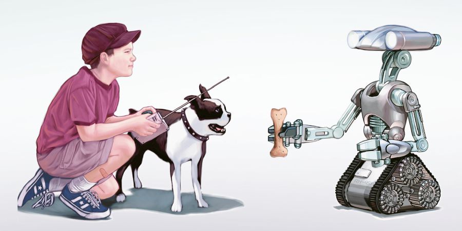 Poika ohjaa robottia, jotta se antaisi koiralle luun