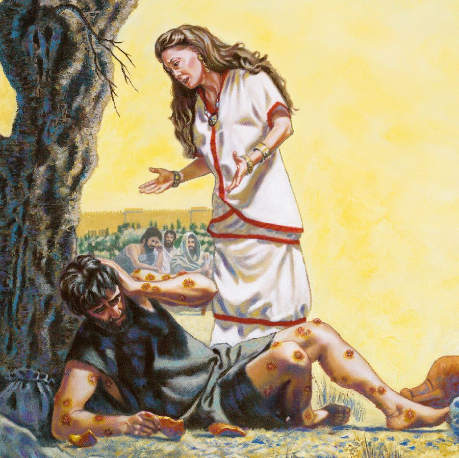 Job täynnä haavaumia; hänen vaimonsa toruu häntä