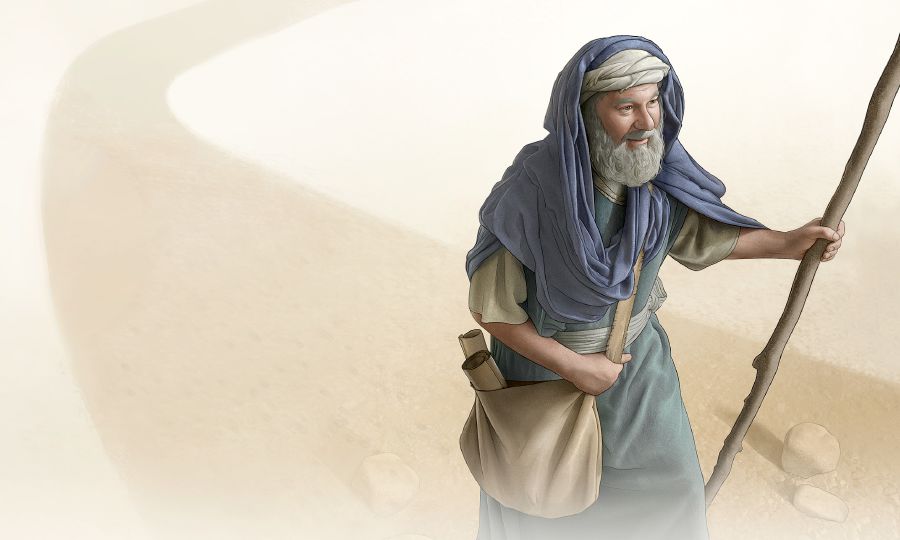 Psalmin kirjoittaja kävelee sauva kädessään