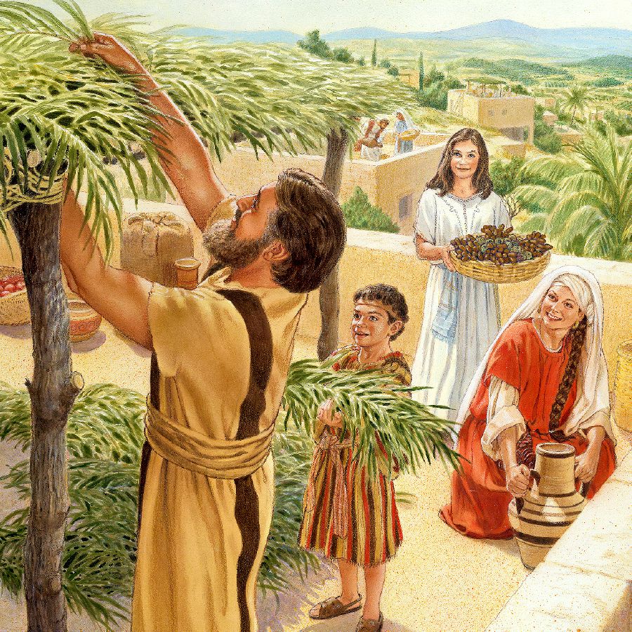 Israelilaisperhe tekee lehtimajan, jossa se asuu lehtimajanjuhlan aikana