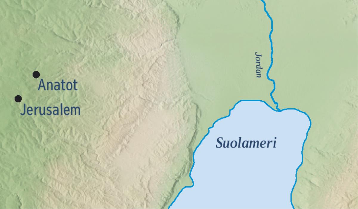 Kartta, jossa näkyvät Jerusalem ja Jeremian kotikaupunki Anatot