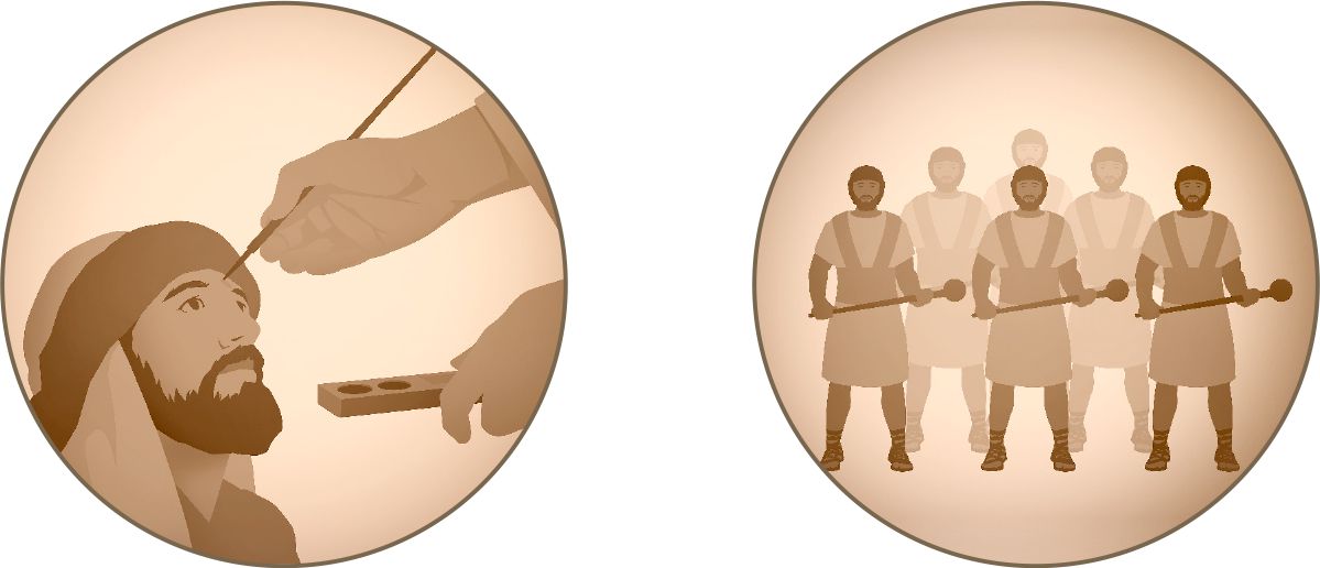 Mies saa merkin otsaansa; kuusi miestä, joilla on murskaamisaseet