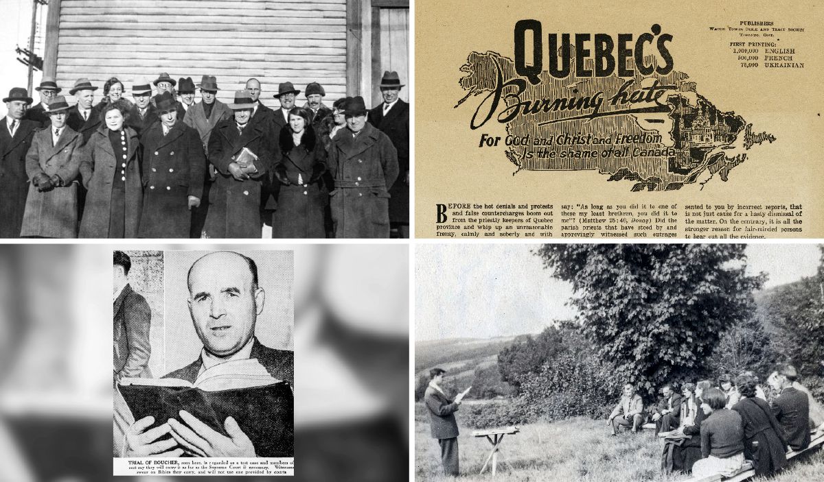 Jehovan todistajat Québecissä 1940-luvulla; erikoistraktaatti; veli pitää puhetta ulkona kiellon aikana; veli Aimé Boucher
