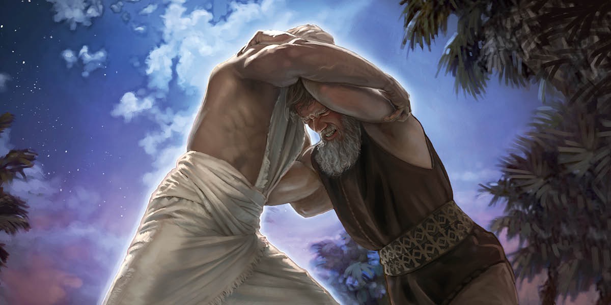 Jaakob painii aineellistuneen enkelin kanssa.