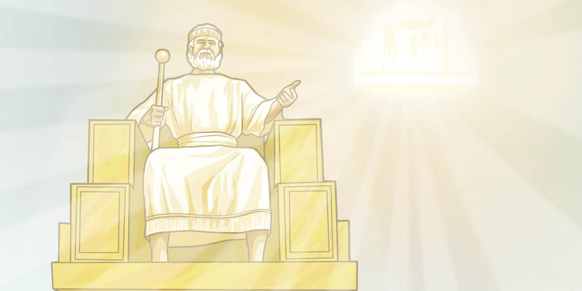 Jeesus katsoo alas taivaalliselta valtaistuimeltaan, ja hänen takanaan on Jehovan loistava valtaistuin.