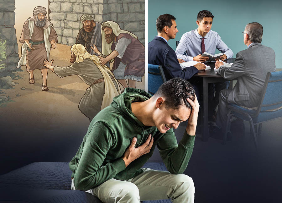 Nuori mies nojautuu eteenpäin ahdistuneena. Kuvat: Jehovan anteeksiannon etsiminen. 1. Katuva synnintekijä vetoaa vanhimpiin kaupungin portilla muinaisessa Israelissa. 2. Aiemmin mainittu katuva nuori mies keskustelee kahden vanhimman kanssa.