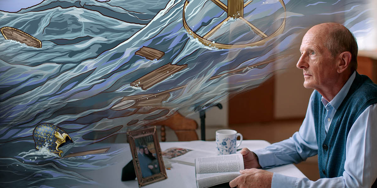 Iäkäs veli lukee Raamattua ja kuvittelee mielessään, miten Egyptin armeijat tuhotaan Punaisessameressä.