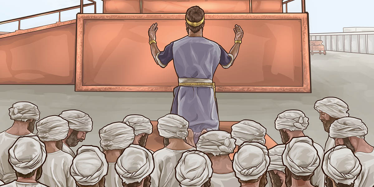 Salomo on kansan edessä ja rukoilee kohti temppelin alttaria.