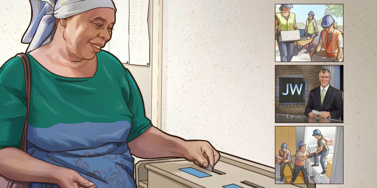 Iäkäs sisar laittaa lahjoituksen lahjalaatikkoon valtakunnansalilla. Kuvat: 1. Veljiä ja sisaria rakennusprojektilla. 2. JW Broadcasting® -ohjelma. 3. Veljet ja sisaret purkavat avustustarvikkeita kuorma-autosta.