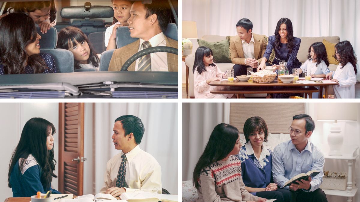 Kuvat: Kuvia videosta ”Esimerkin voima lasten opettamisessa”. 1. Garcian perhe istuu autossa valmiina lähtemään kokoukseen. 2. Perhe istuu sohvapöydän äärellä tultuaan kokouksesta kotiin. He juttelevat, ja pöydällä on pientä naposteltavaa. 3. Veli Garcia keskeyttää hetkeksi henkilökohtaisen tutkimisen jutellakseen tyttärensä kanssa. 4. Veli ja sisar Garcia auttavat tytärtään käyttäen Raamattua.